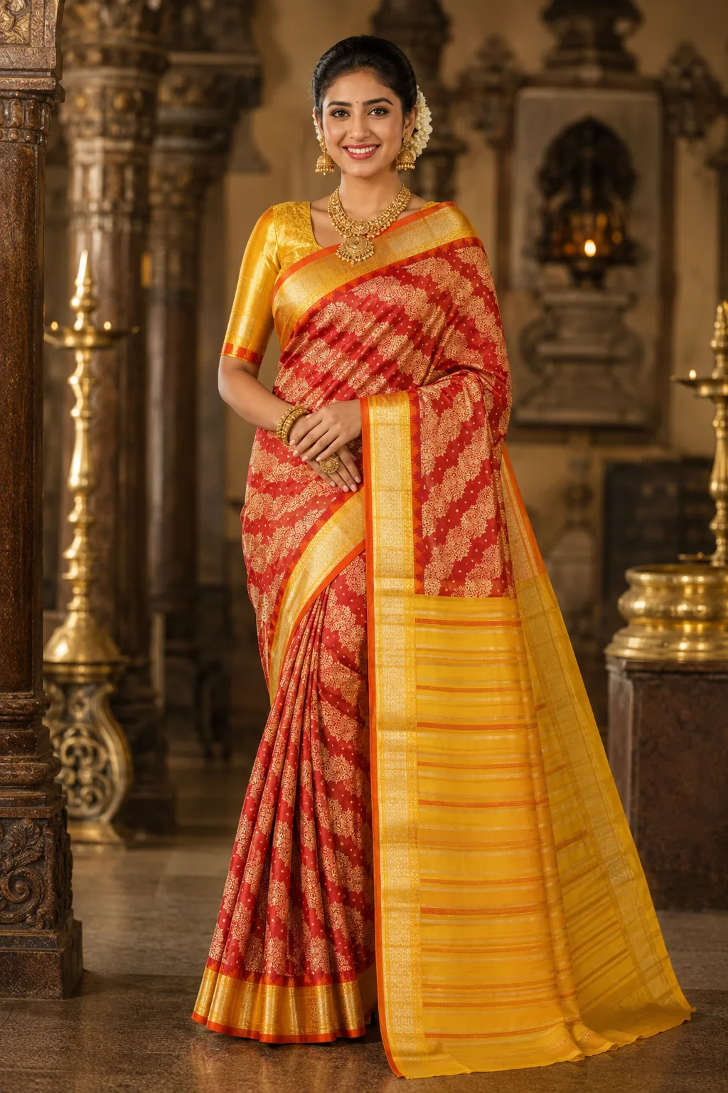 Vermillion Red Brocade Pure Silk Saree with Contras Border