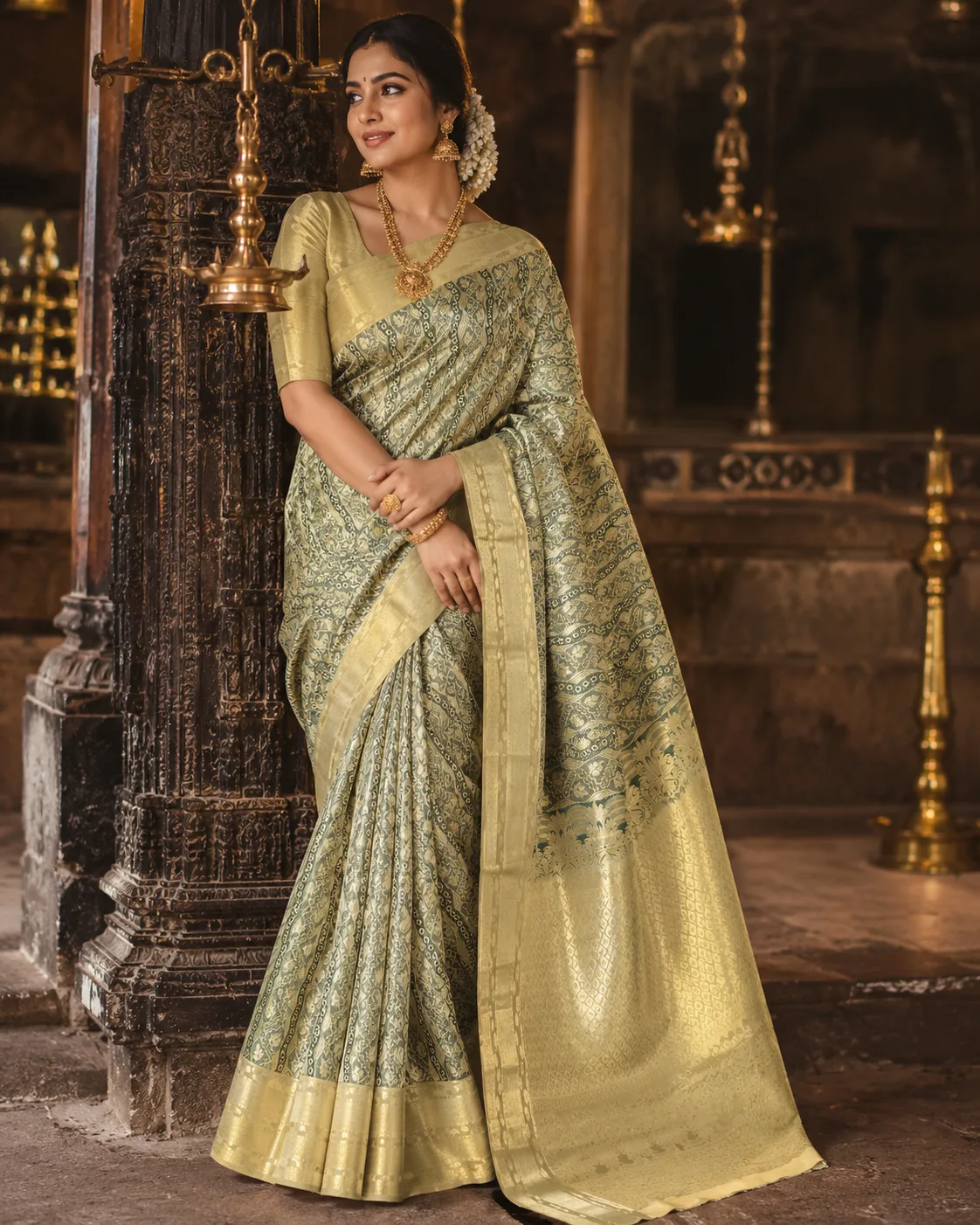 Sage Olive Green  Brocade Pure Silk Saree with Contras Border