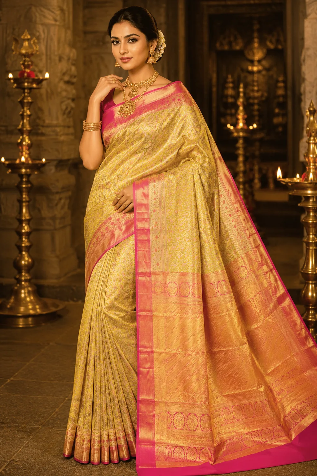 Parrot Lime Green Brocade Zari Pure Tissue Silk Saree