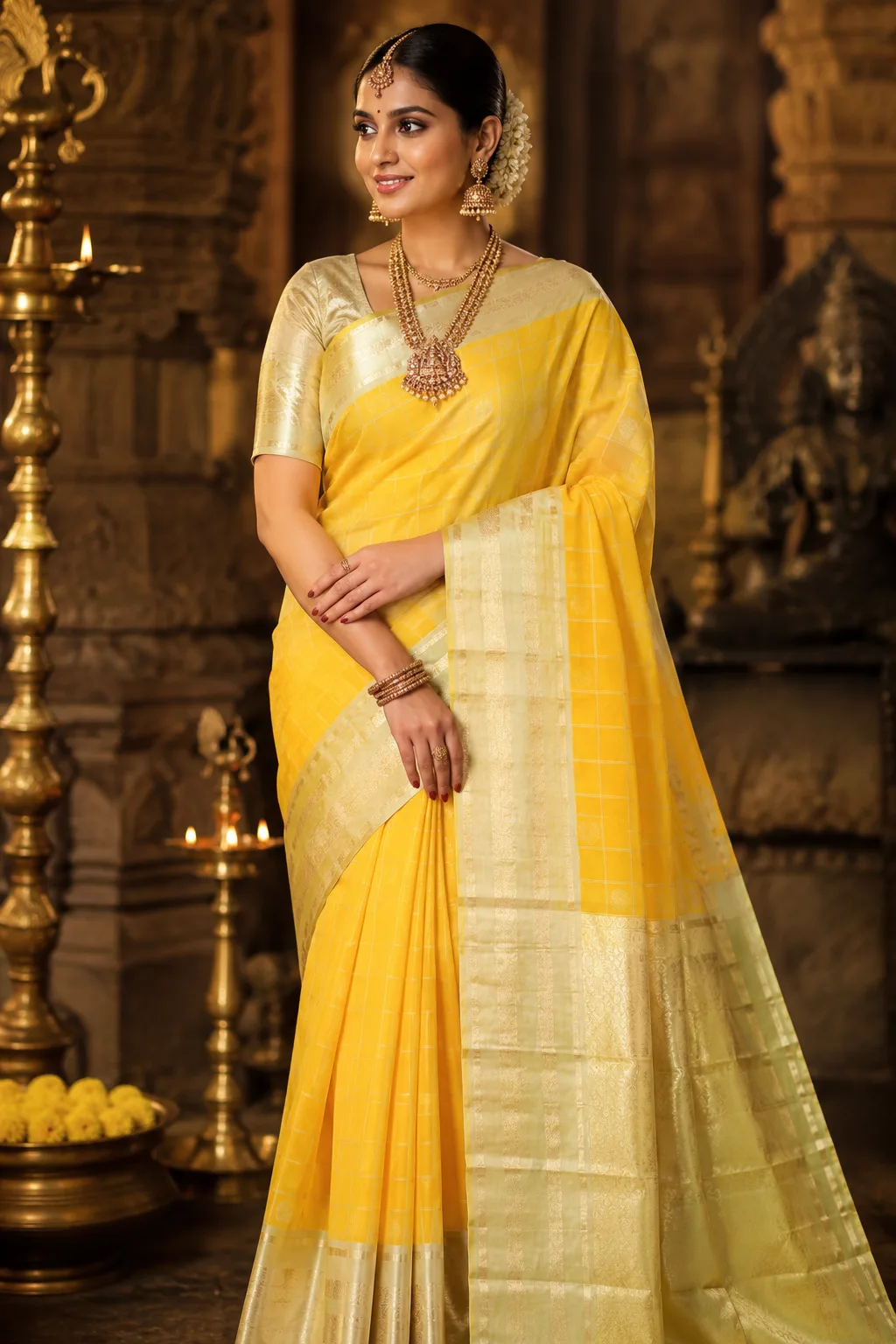 Bright Mango Yellow Butta Checks Pure Silk Saree with Contras Border