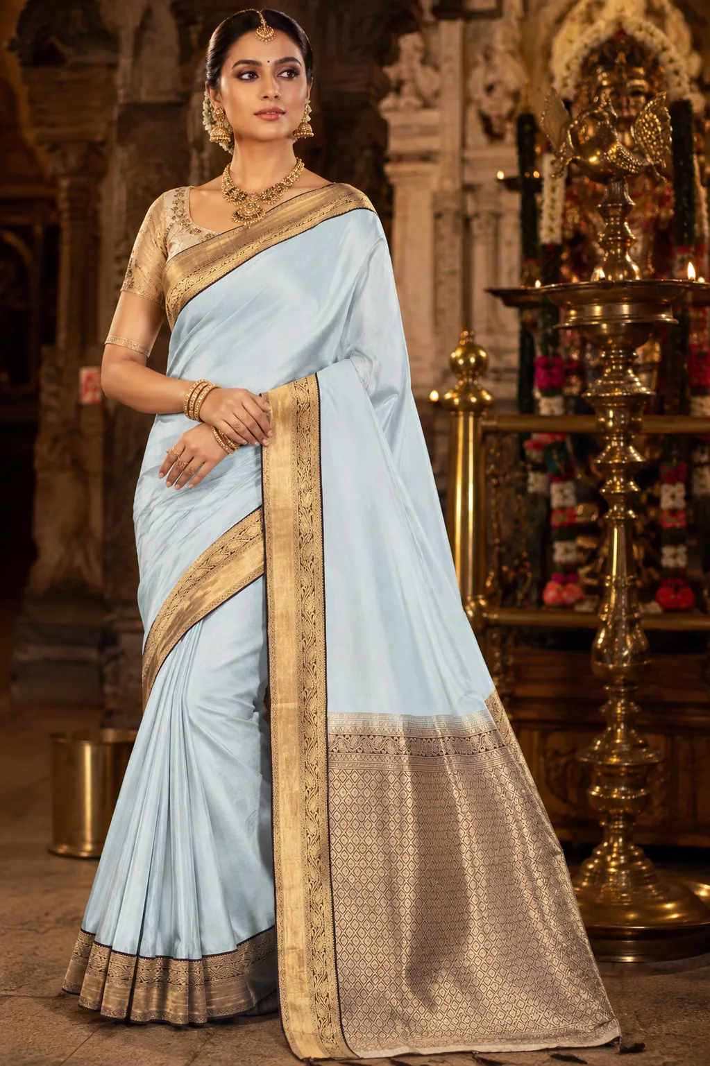 Ice Blue Brocade Pure Silk Saree with Contras Border