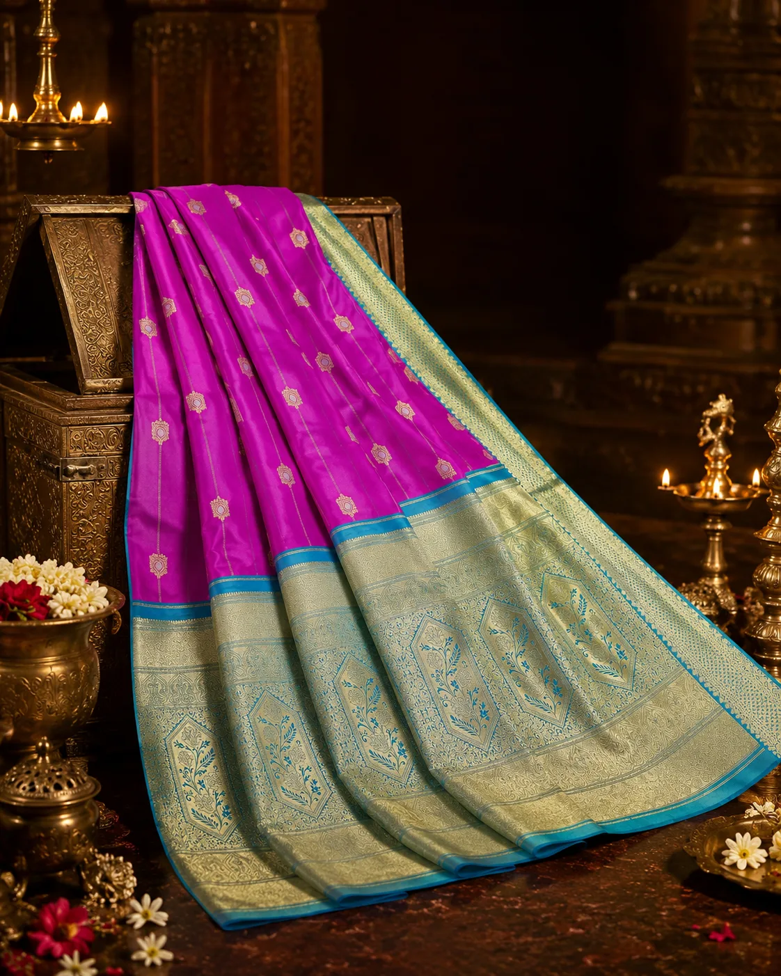 Royal Magenta Lines Butta Pure Silk Saree with Contras Border