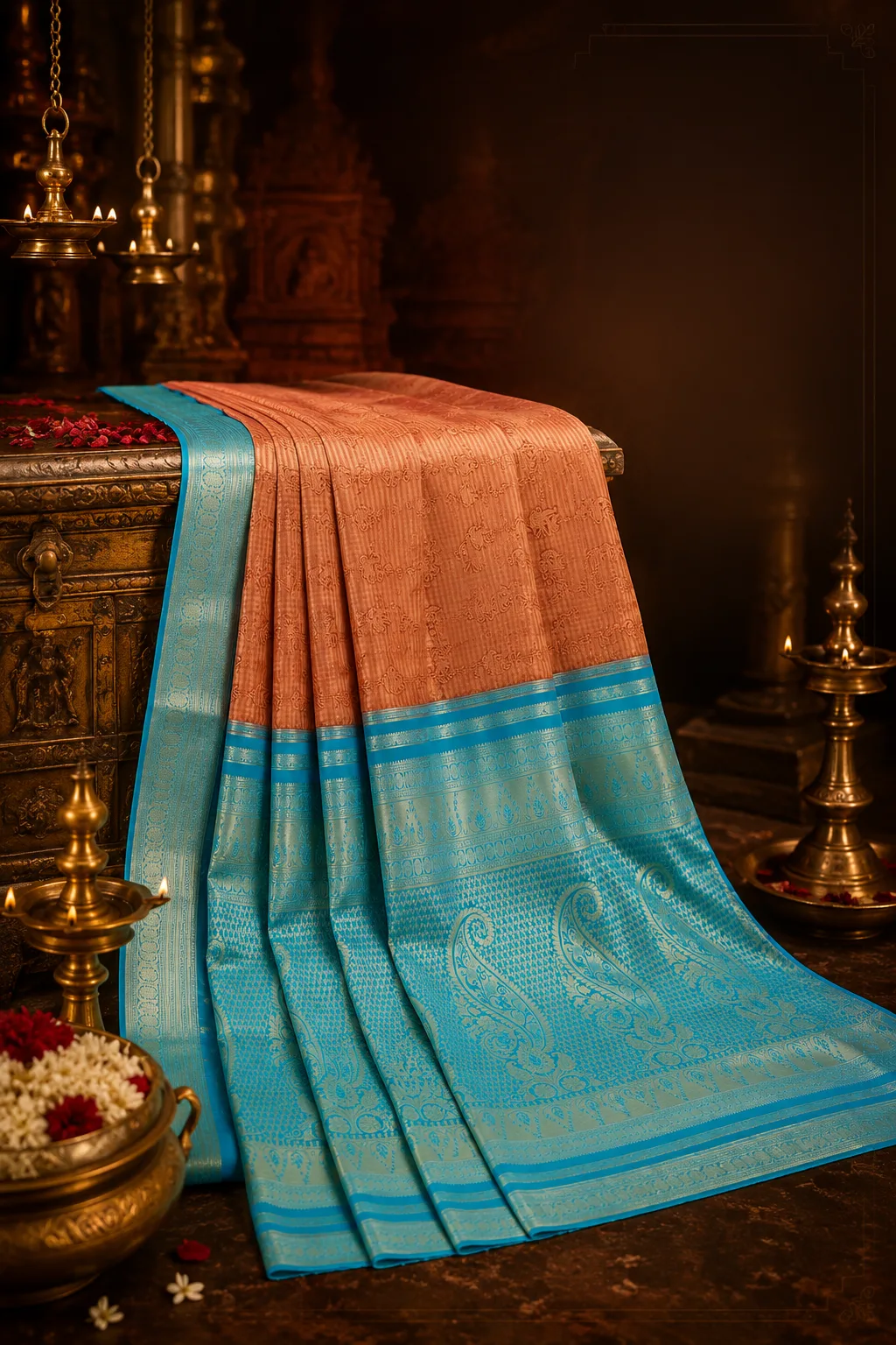 Copper Peach Brocade Pure Silk Saree with Contras Border