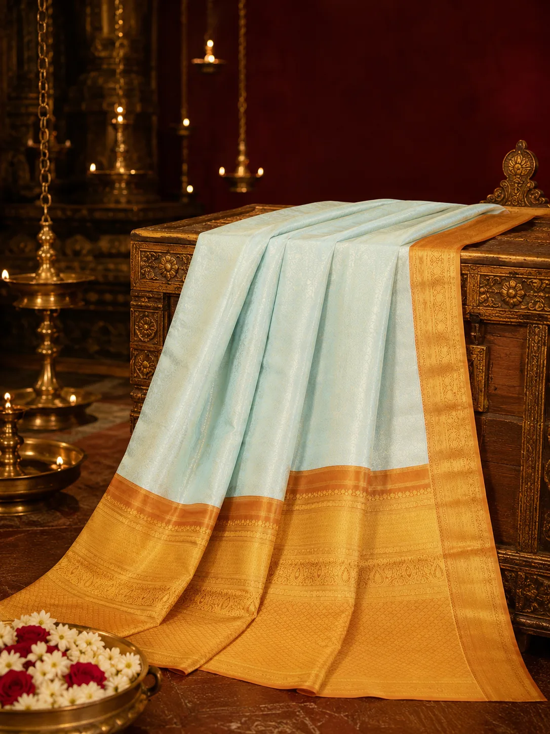 Ice Blue Brocade Zari Pure Tissue Silk Saree