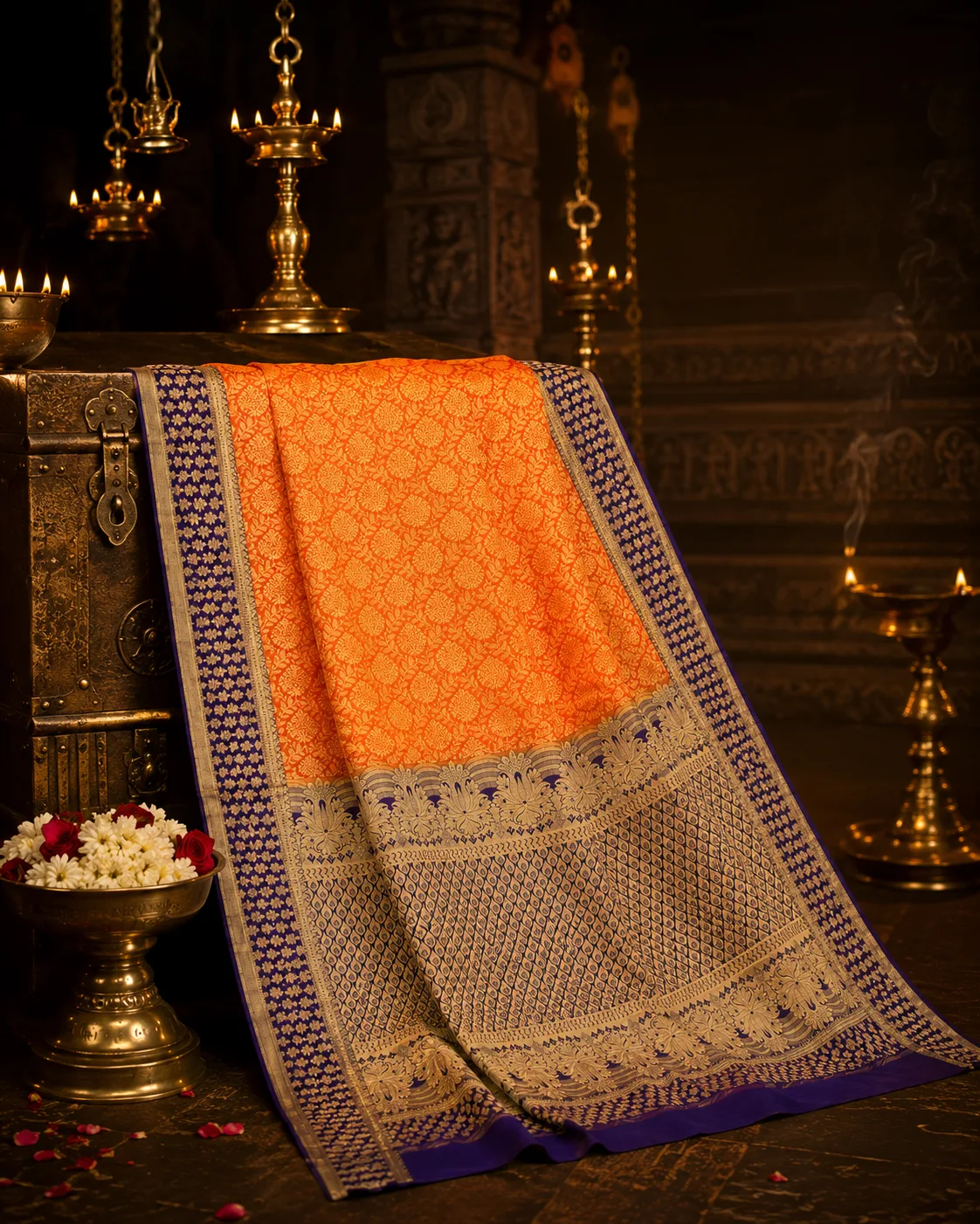 Bright Orange  Brocade Pure Silk Saree with Contras Border