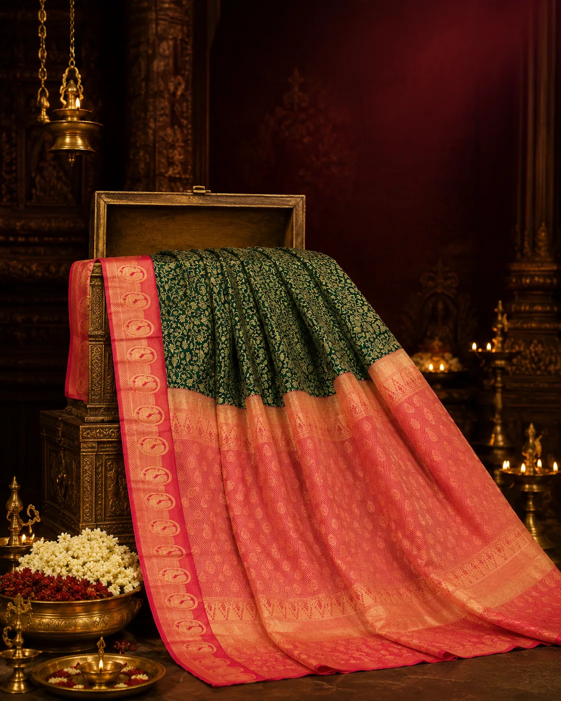 Deep Forest Green  Brocade Pure Silk Saree with Contras Border
