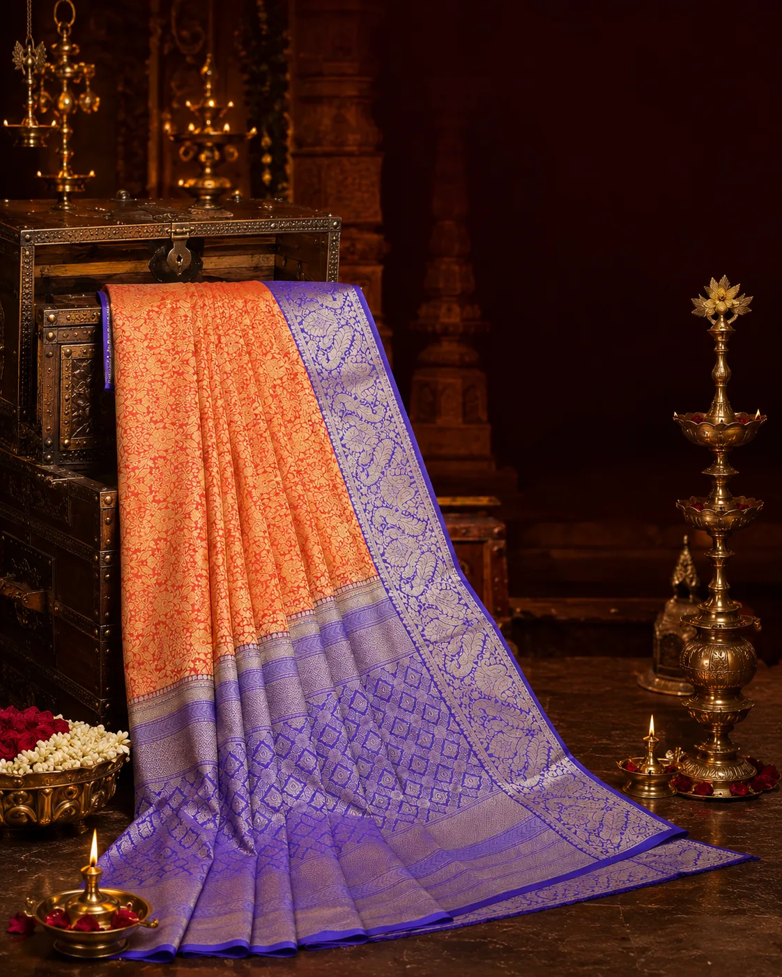 Coral Orange Brocade Pure Silk Saree with Contras Border
