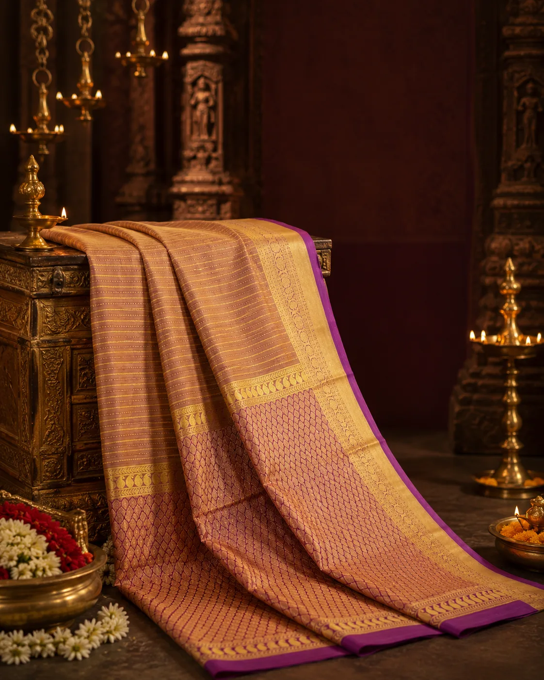 Antique Copper Brown  Lines Pure Silk Saree