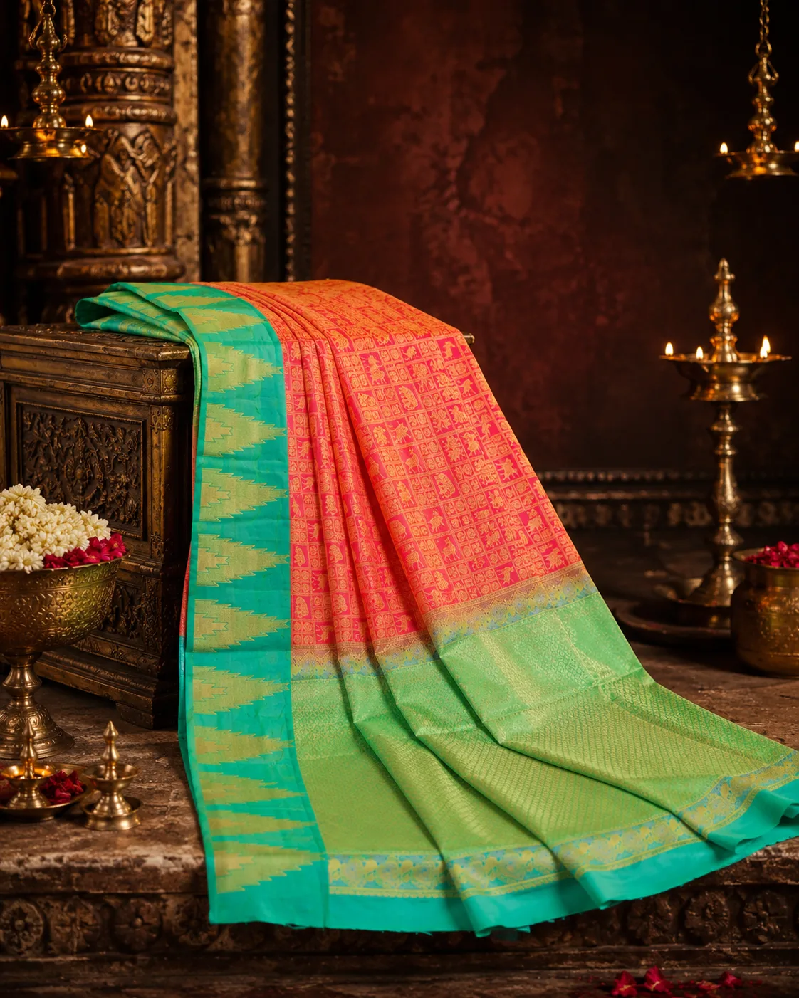 Coral Pink Brocade Pure Silk Saree