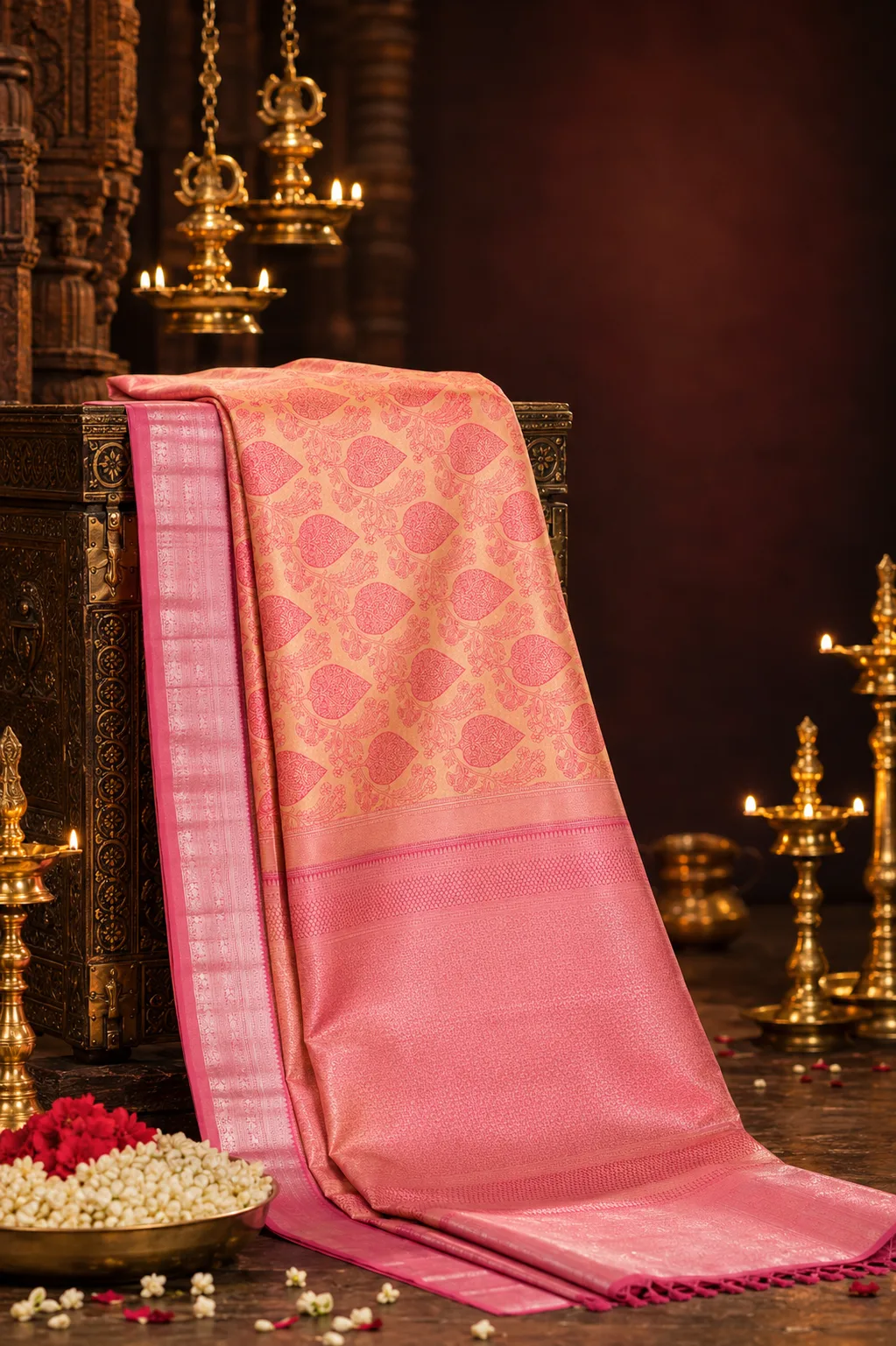 Pastel Peach Brocade Pure Silk Saree